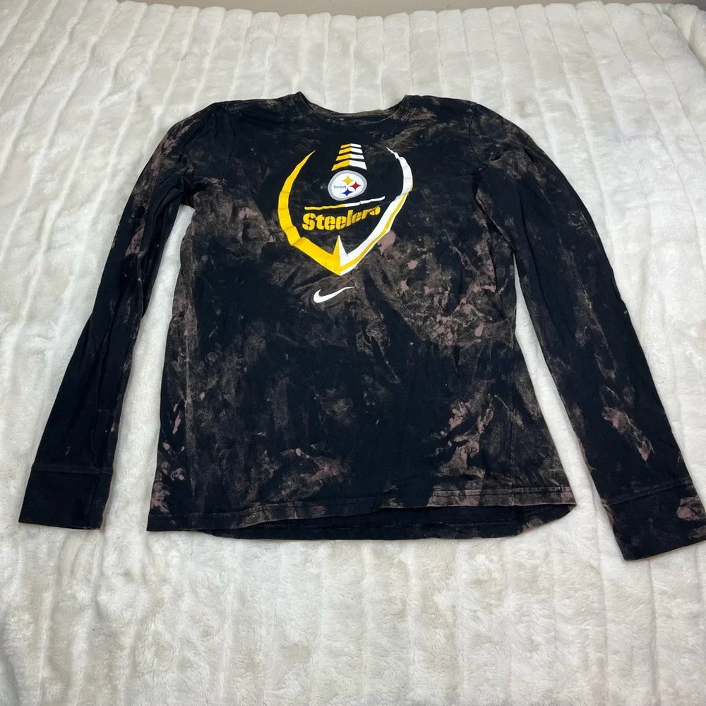 NFL Nike Boys Kid XL Long Sleeve Pittsburgh Steelers Bleach Dye Fall Upcycle Tee